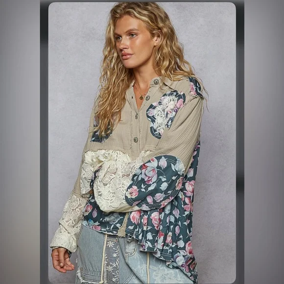 POL grey gauze crochet lace stitched flower floral cotton button jacket coat - Picture 4 of 7